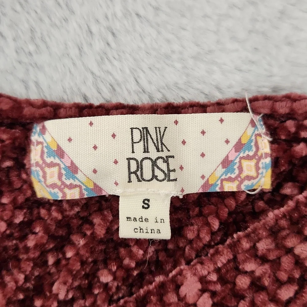 Pink Rose Chenille Sweater Women's Small Burgundy V-Neck Soft Cozy Pullover - Picture 3 of 10